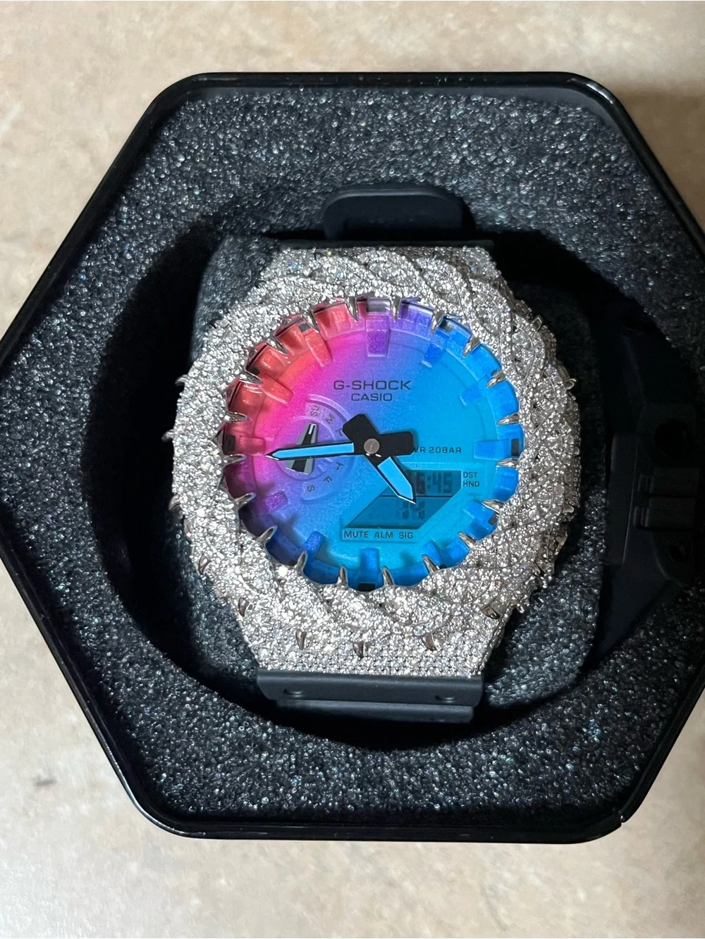 Casio G-Shock Silver Crystal Bezel Blue-Pink Gradient Dial Watch